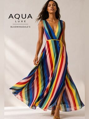 AQUA Luxe Rainbow Stripe Deep V Maxi Dress Small Resort Boho Wedding Guest A6